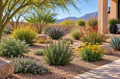 A Southwest yard with a variety of herbs and other flowering and native plants.