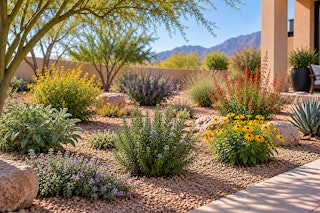 A Southwest yard with a variety of herbs and other flowering and native plants.