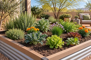 A raised bed garden filled with herbs and other vegetables, near an olive tree on a patio in a Southwest backyard.