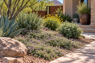 Creeping thyme growing in a Southwest yard near other herbs, plants, and a walkway.