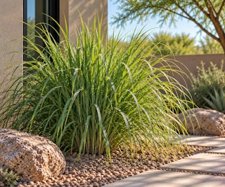 Lemongrass growing in a Southwest yard near the corner of a home, near landscape rocks and pavers.