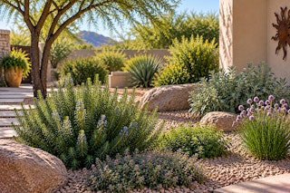 Herbs growing in a Southwest garden near a small boulder and tree, with a sun sculpture hanging in the background.