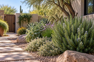 Herbs growing along a border near a house and pavers in a Southwest garden.