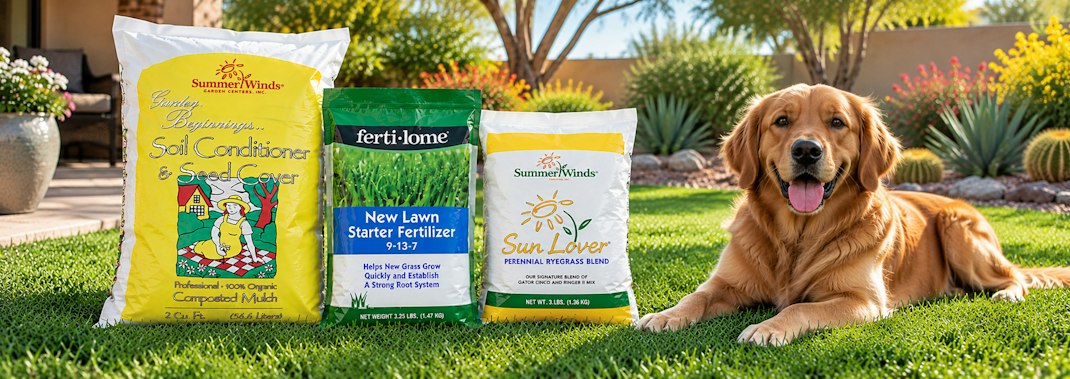 3 images - a table outside with food and place settings on it near a lawn and grill (with food cooking); a small private pool set in a desert landscape with seating and an umbrella, and lush green grass immediately surrounding the pool are only; and a kitten and a puppy laying together on a nice lawn