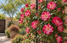 Forth of July Climbing Roses on a trellis against a wall in a Southwest garden with a variety of plants and trees in the background and a gate.