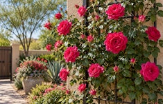 Rich pink high society climbing roses on a trellis in the backyard of a Southwest garden.