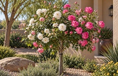 A Twofer iceberg and brilliant pink iceberg rose tree growing in a Southwest garden.