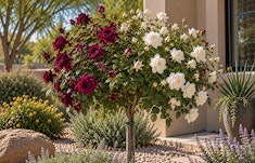 A Twofer iceberg and burgundy iceberg rose tree in a southwest garden.
