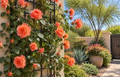 Above all climbing roses on a trellis against a wall in a Southwest backyard garden.