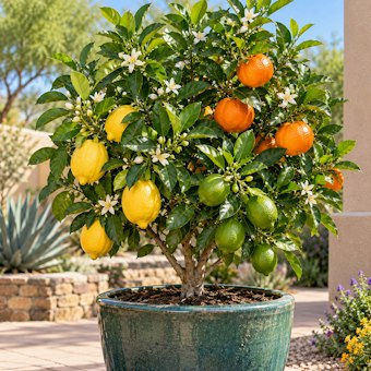 A dwarf citrus cocktail tree in a pot on a Southwest patio, growing orange, lemon and limes.