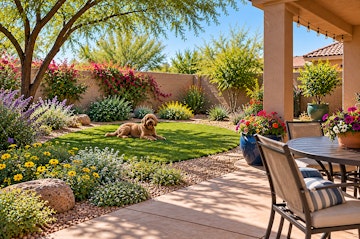 A small Arizona backyard with turf, groundcovers, trees, flowers, a dog and a seating area.