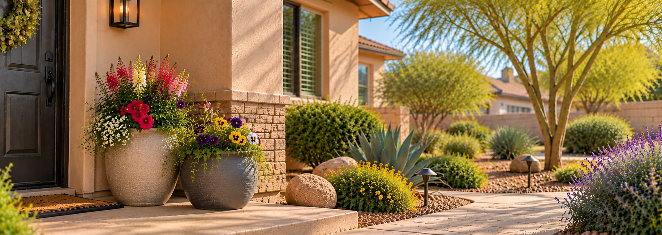 Cool-season flowers in containers beside a Phoenix-area home with low-water desert landscaping.