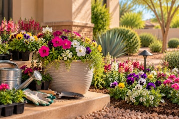 Cool-season petunias, pansies, snapdragons and alyssum ready for fall planting in a Phoenix-area garden.
