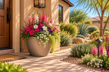 Colorful cool-season flowers in a container beside a Phoenix-area home with low-water landscaping.