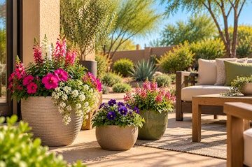 Petunias, pansies, snapdragons and alyssum add fall and winter color to a Phoenix-area backyard patio.