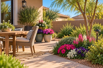Cool-season flowers add lasting fall and winter color to a Phoenix-area backyard patio and garden.