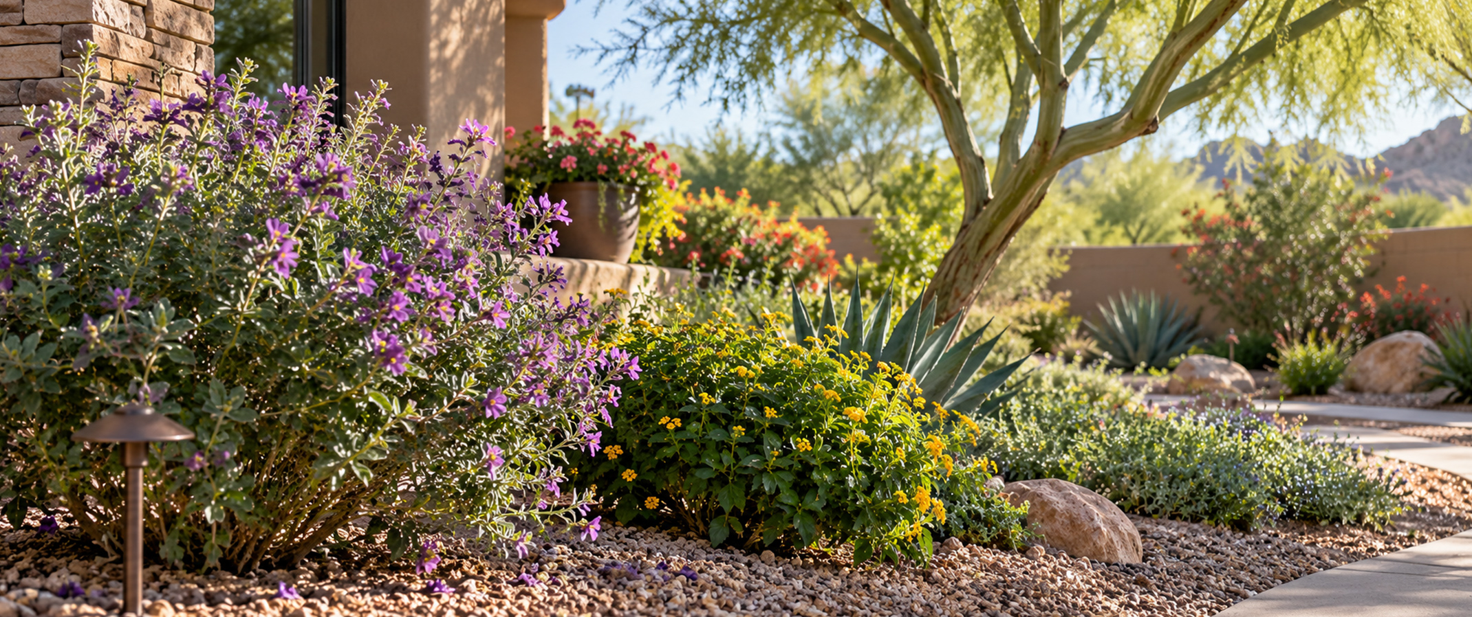 Low-water-use flowering shrubs, agaves and desert plants in a colorful Phoenix-area landscape.