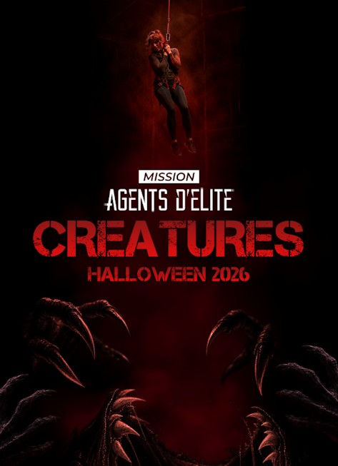 Agents d'Elite CREATURES - Halloween 2026. Creatures prennent le contrôle du jeu, une personne dans le parcours aérien tente d'arrêter la menace (scène fictive)