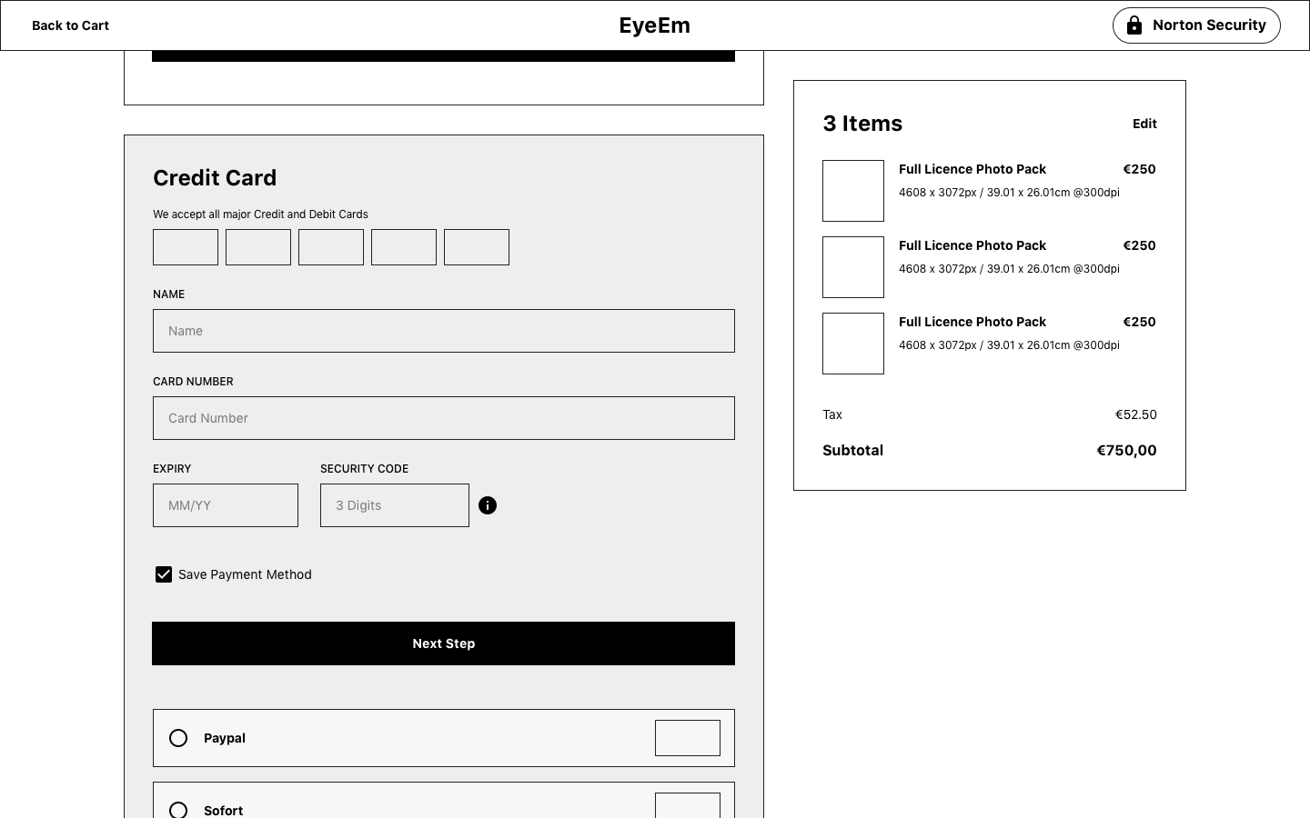 Wireframe concept for the checkout page