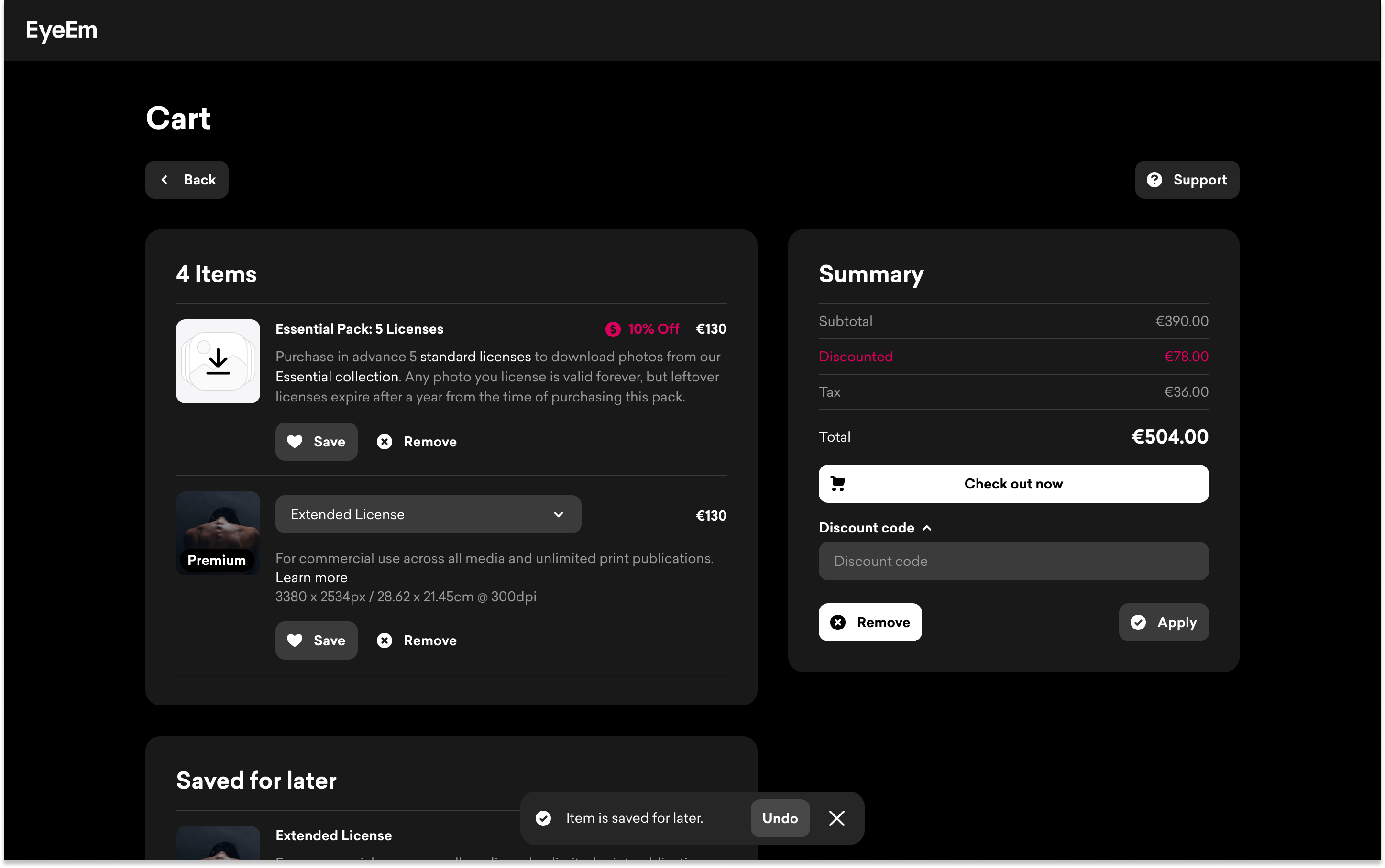 A mock design of EyeEm's cart page using the previous dark theme version.