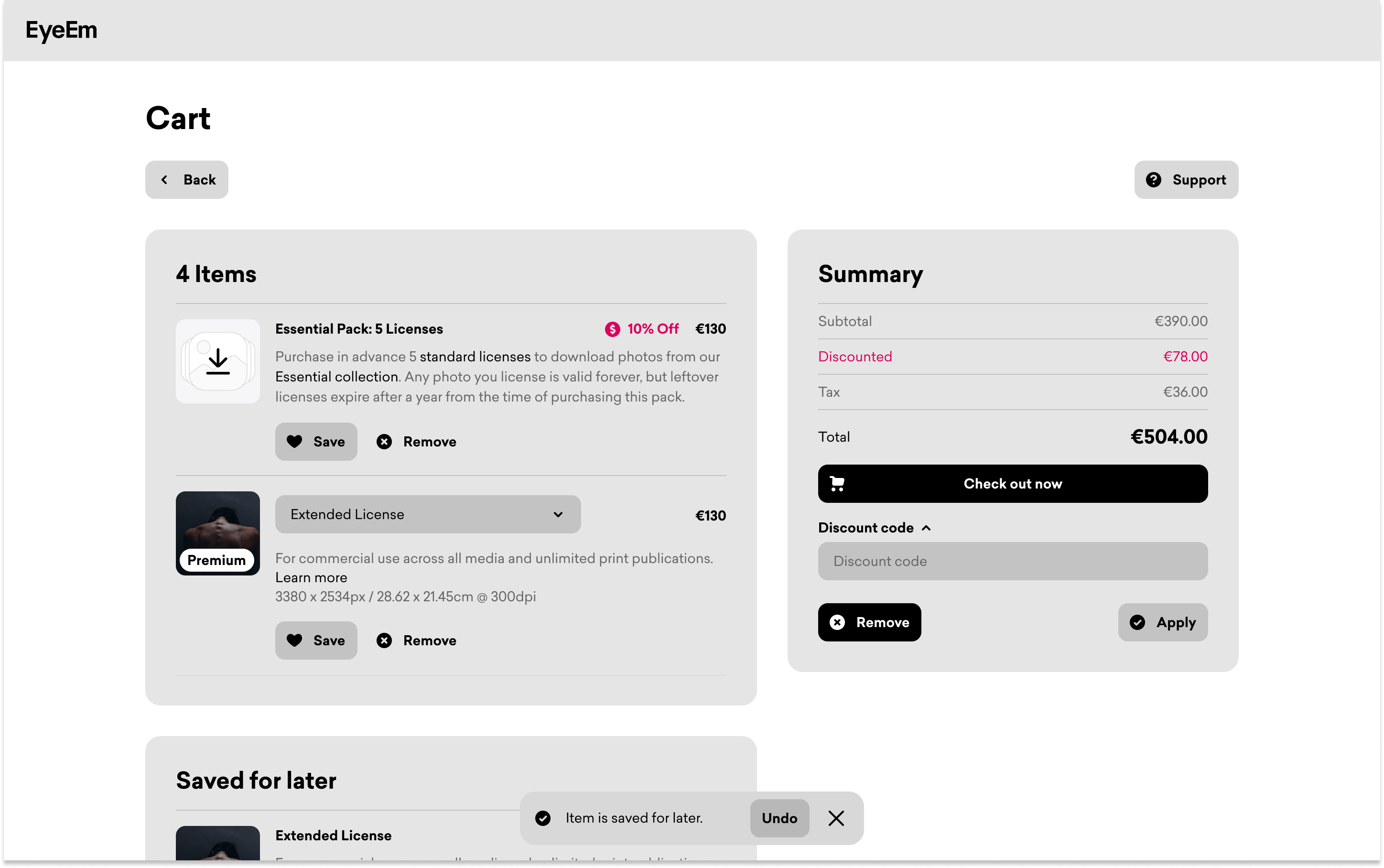 A mock design of EyeEm's cart page using the previous light theme version.