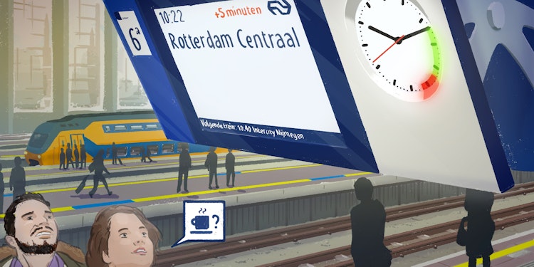 Two passengers at a train station are looking upwards at the travel information display which shows the smart clock. This device helps passengers to estimate the boarding time.