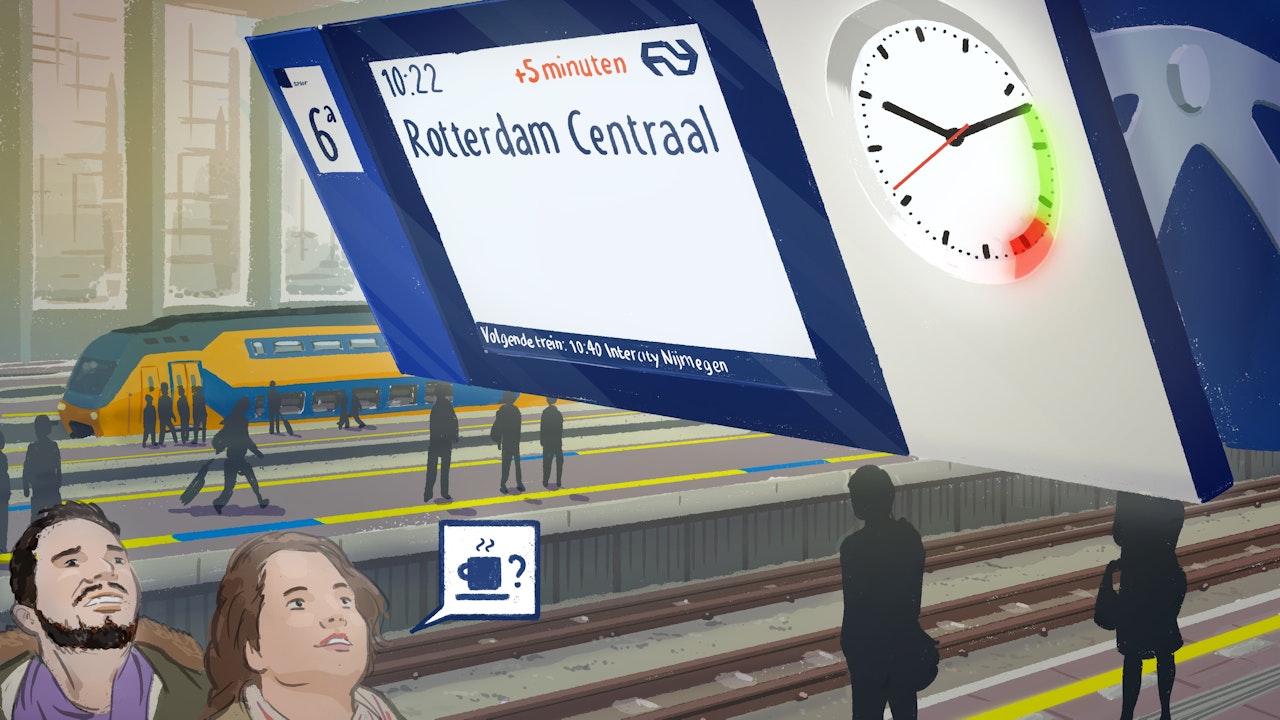 Two passengers at a train station are looking upwards at the travel information display which shows the smart clock. This device helps passengers to estimate the boarding time.