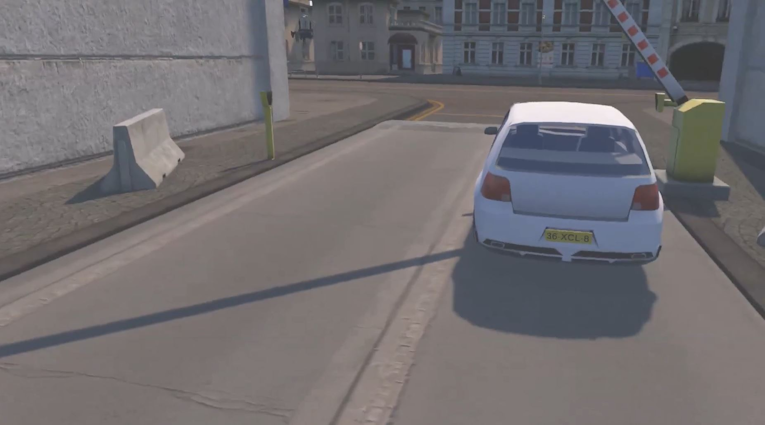 Beeld uit de VR video waar een auto onder een slagboom doorrijdt