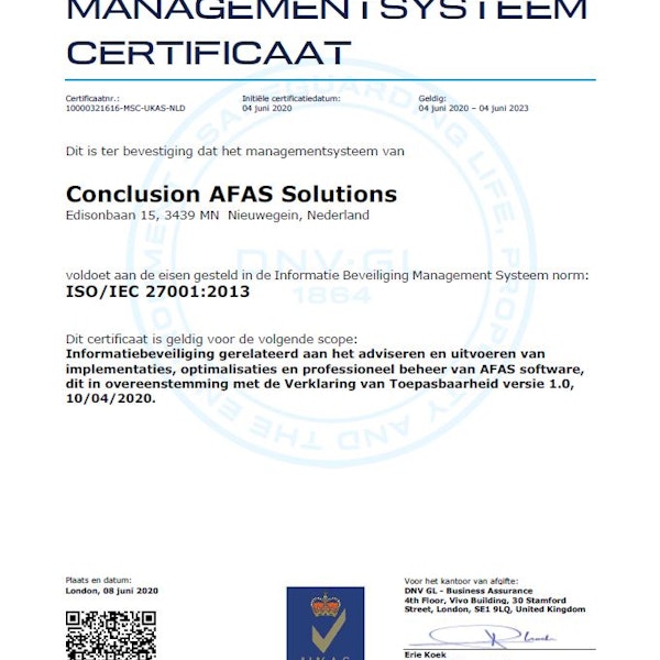 AFAS Solutions ISO 27001 certificering