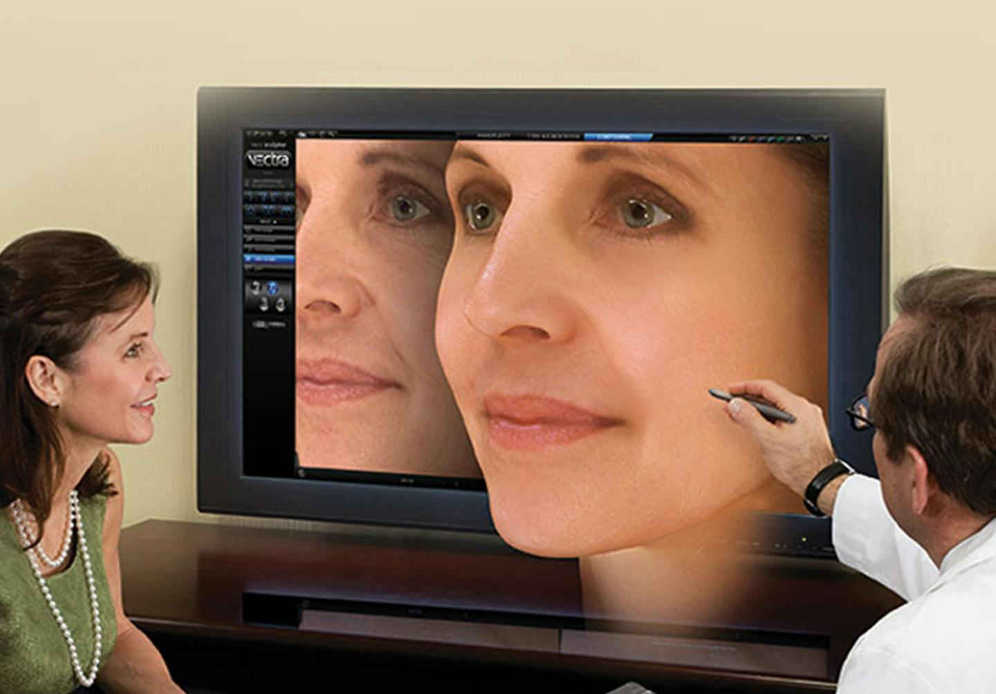 woman with a pen in front of a television with a picture of a woman on it