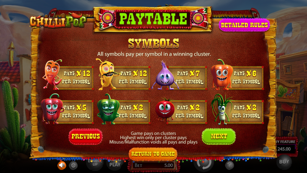 Chilli pop Slot Paytable Symbols