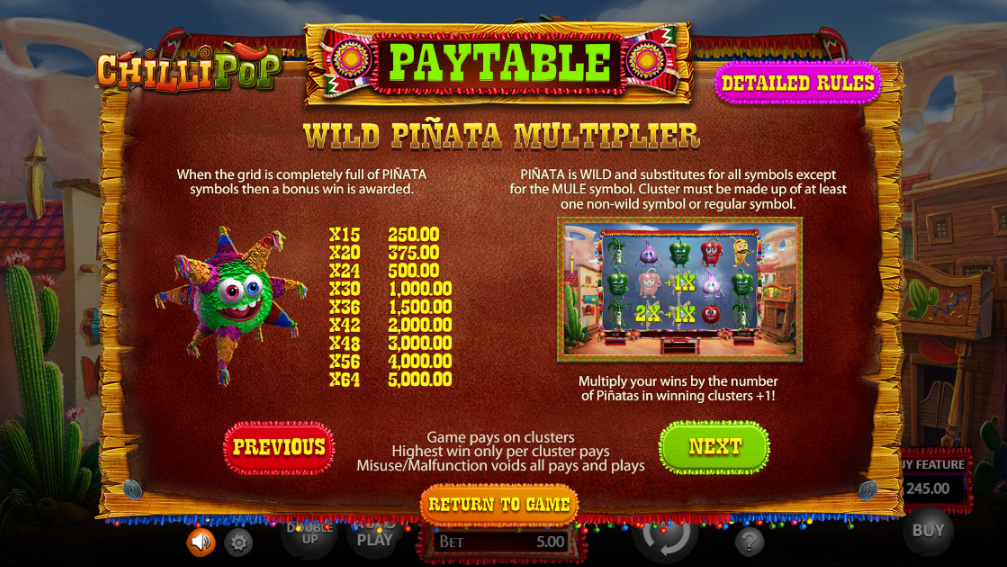 Chilli pop Slot Paytable Wild Pinata Multiplier