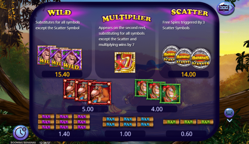 Booming Bananas Slot Paytable