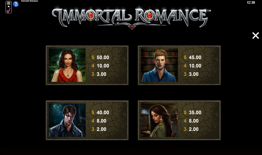 Immortal Romance Slot Paytable