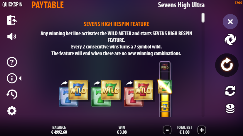 Sevens High Ultra Slot Paytable Sevens High Respin Feature