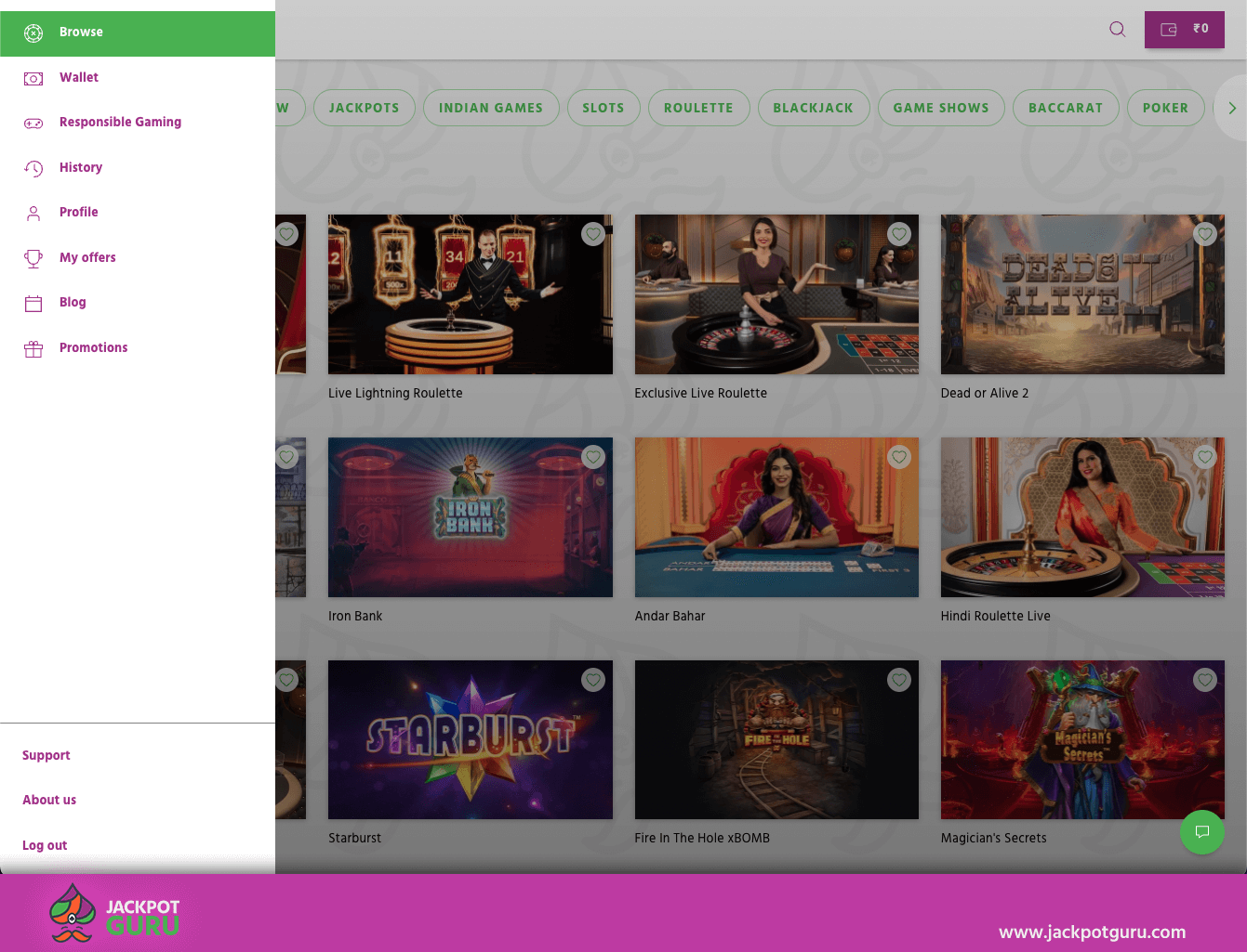 Jackpot Guru Casino Menu