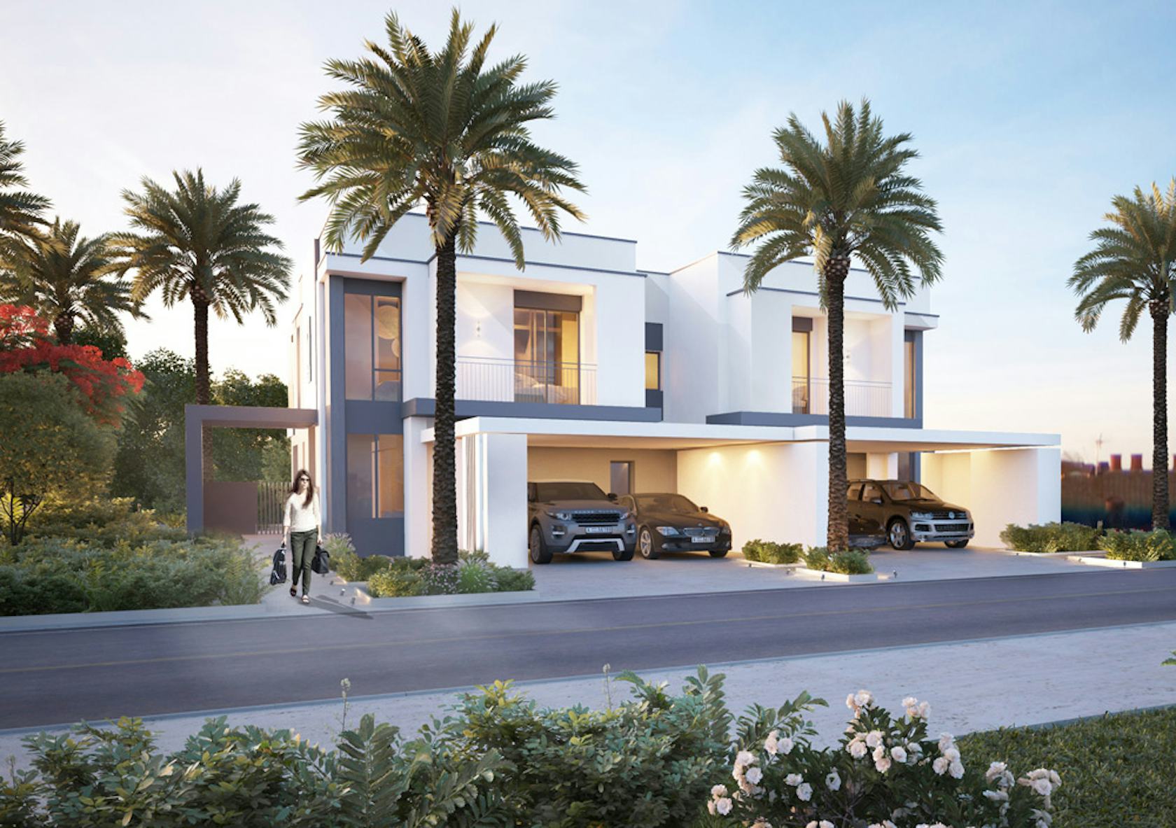 person villa housing building house tree plant palm tree mansion car
