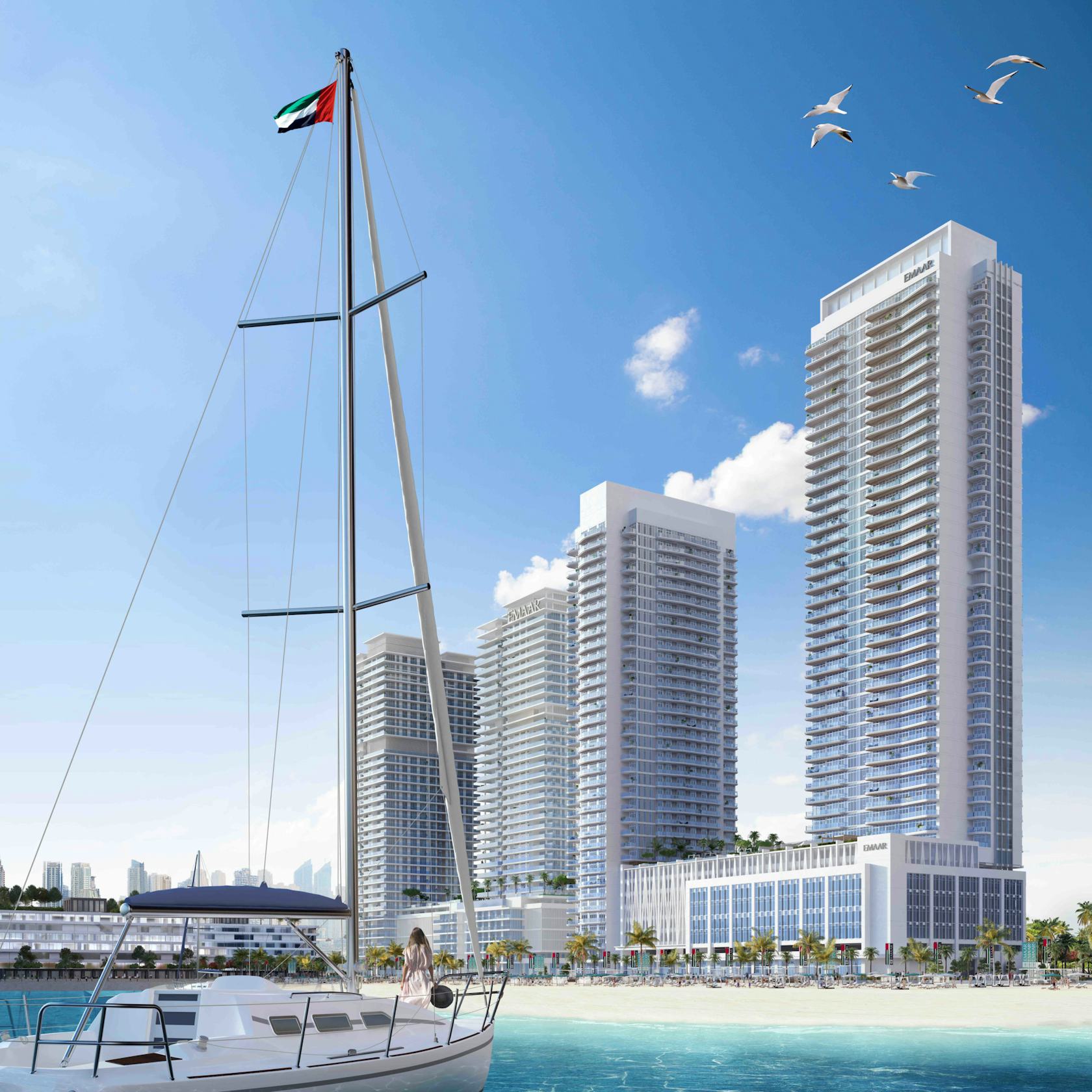 condo building housing watercraft boat high rise city urban marina bird