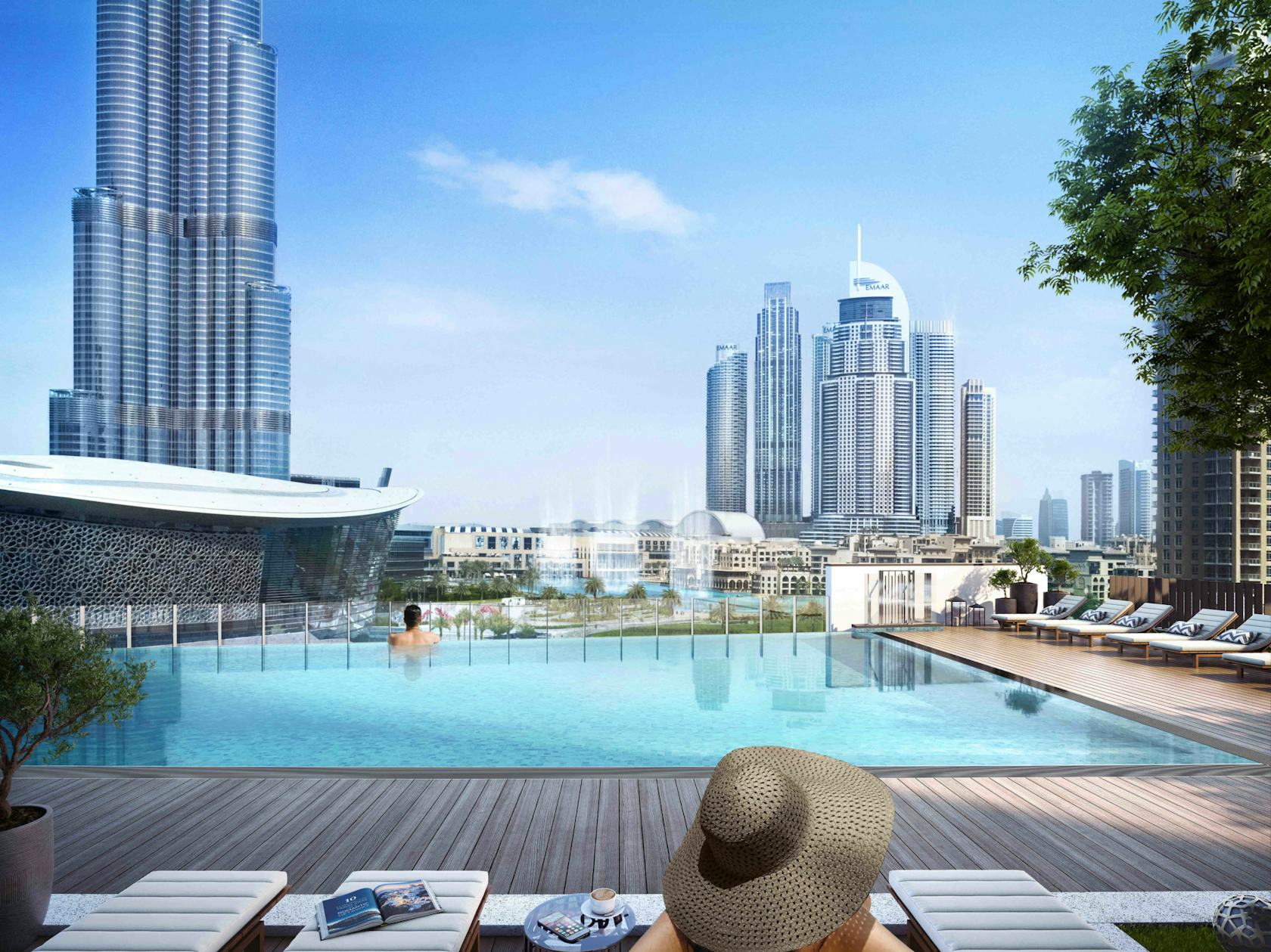 building high rise city urban person pool water metropolis office building hotel