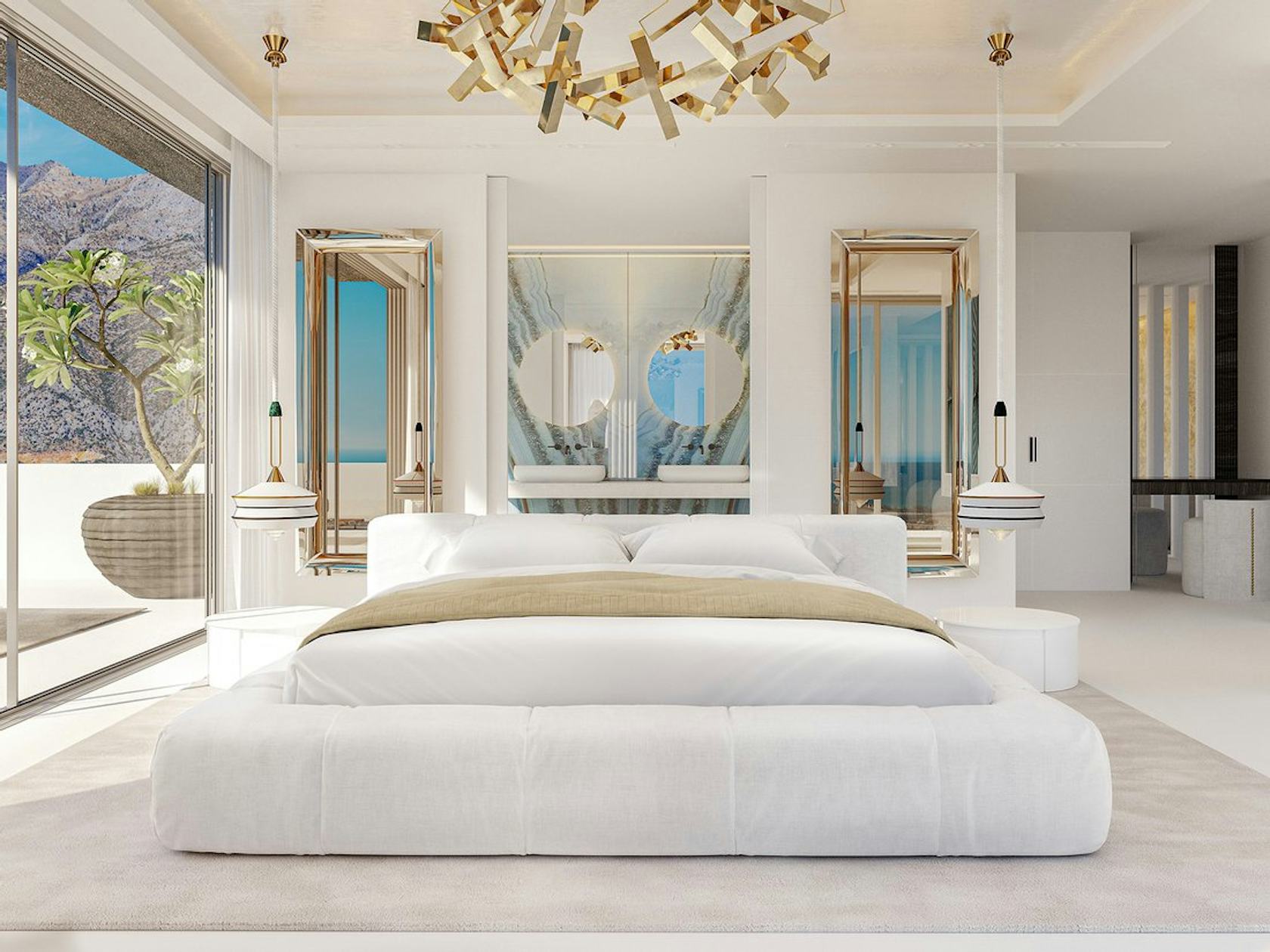 interior design indoors chandelier lamp home decor furniture bed bedroom room cushion