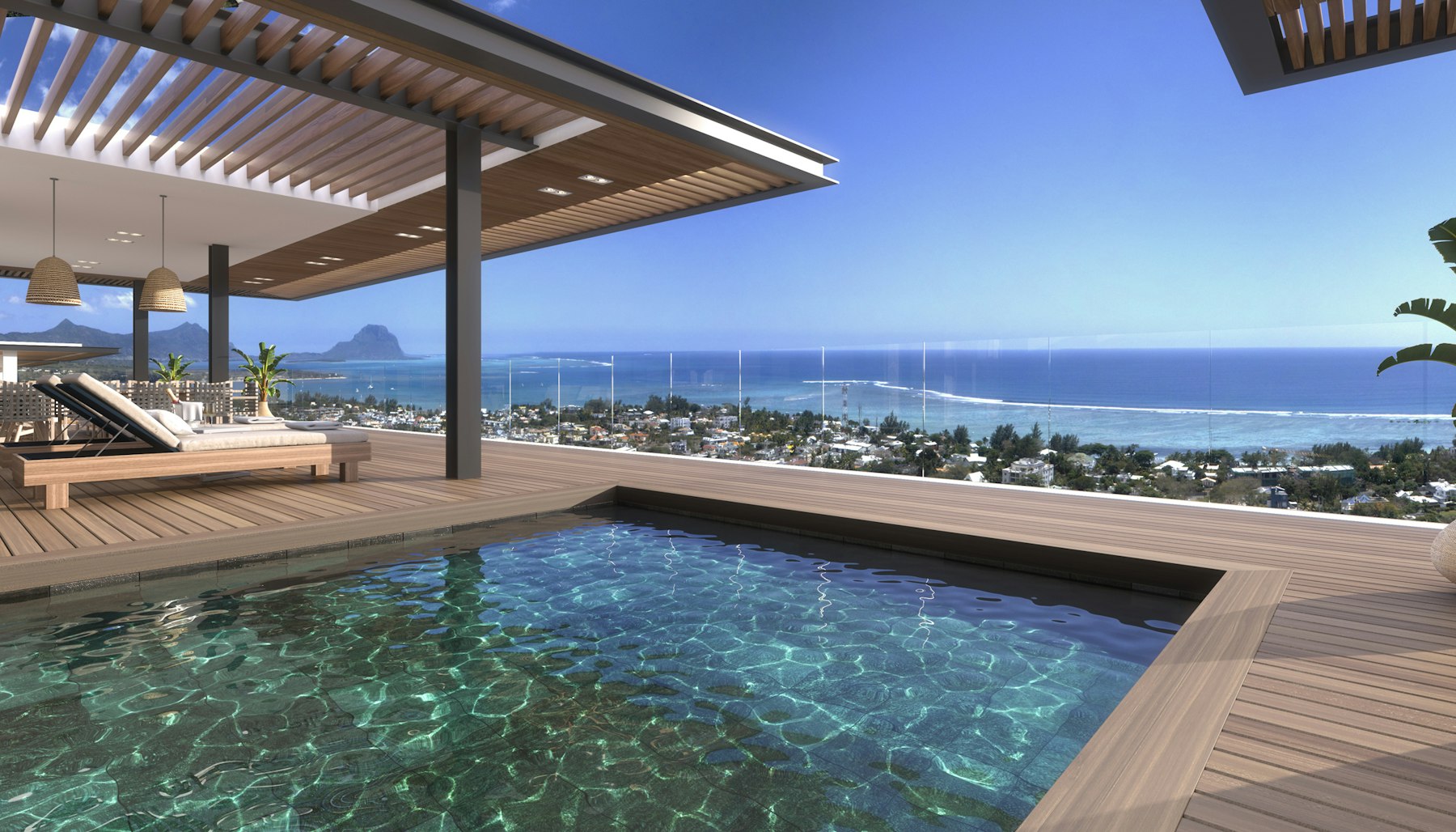 Vue depuis la piscine d'un penthouse de Legend Hill sur le lagon de la côte Ouest