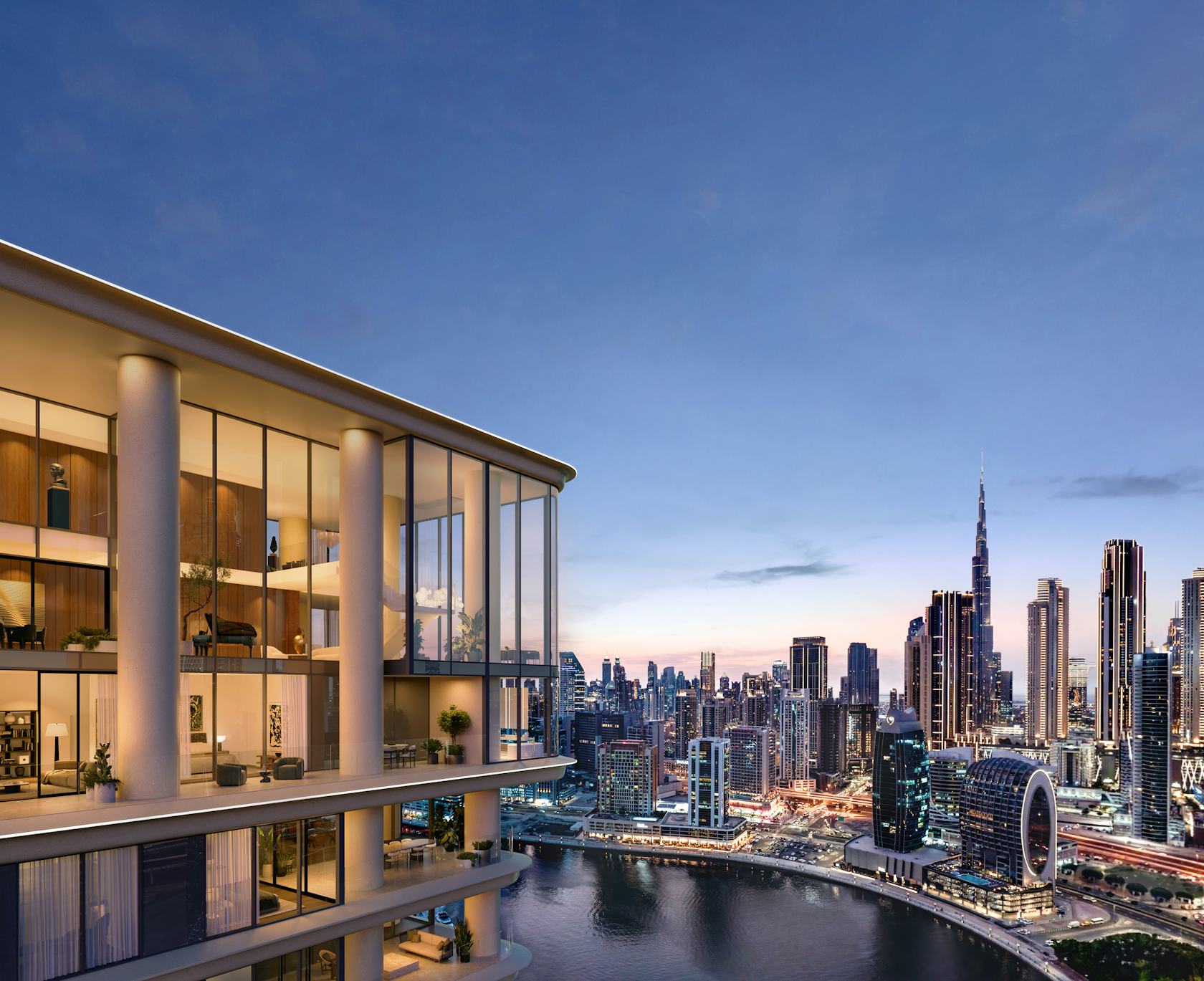city urban cityscape metropolis office building high rise condo plant waterfront scenery