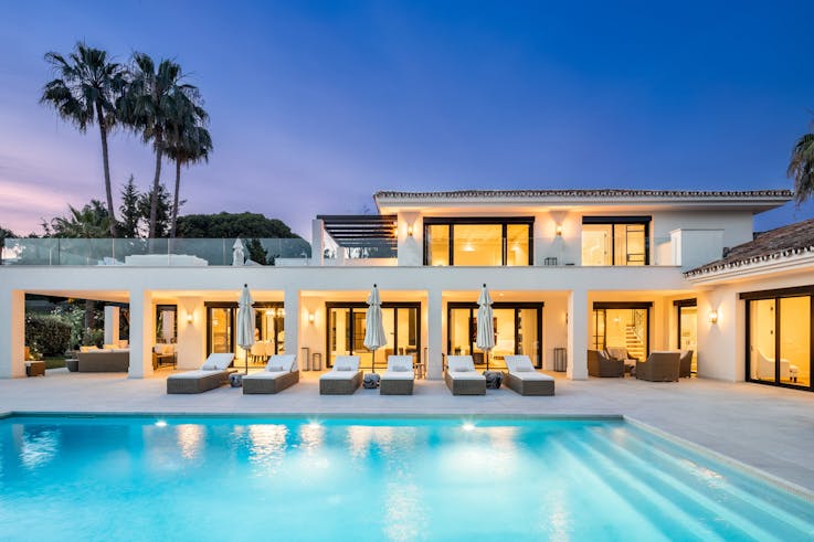 house housing villa pool water lamp swimming pool couch bed chair
