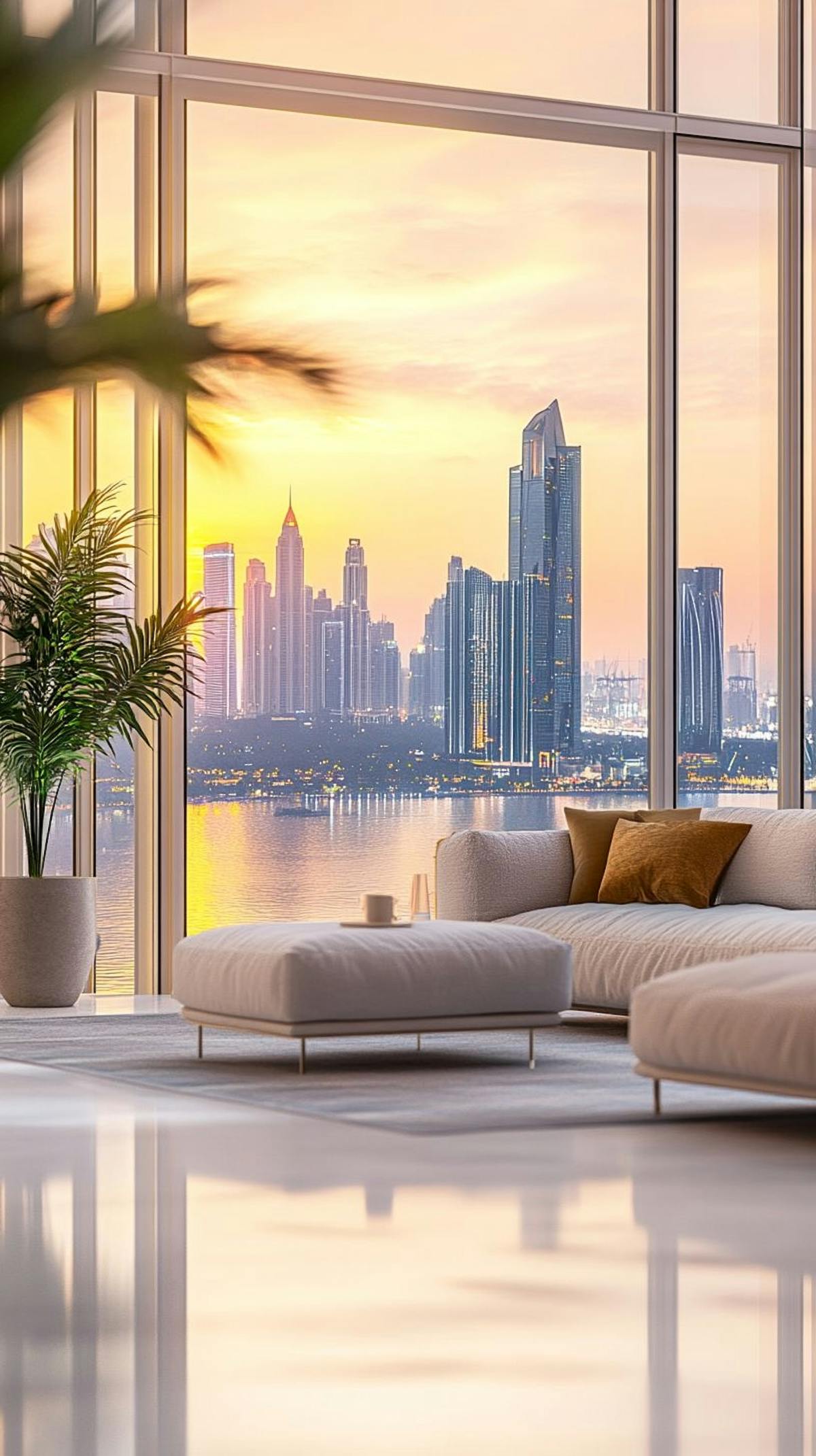 Waterfront luxury residence with Dubai skyline views Waterfront luxury residence in Dubai with expansive skyline views, showcasing lifestyle-led real estate investment for international buyers