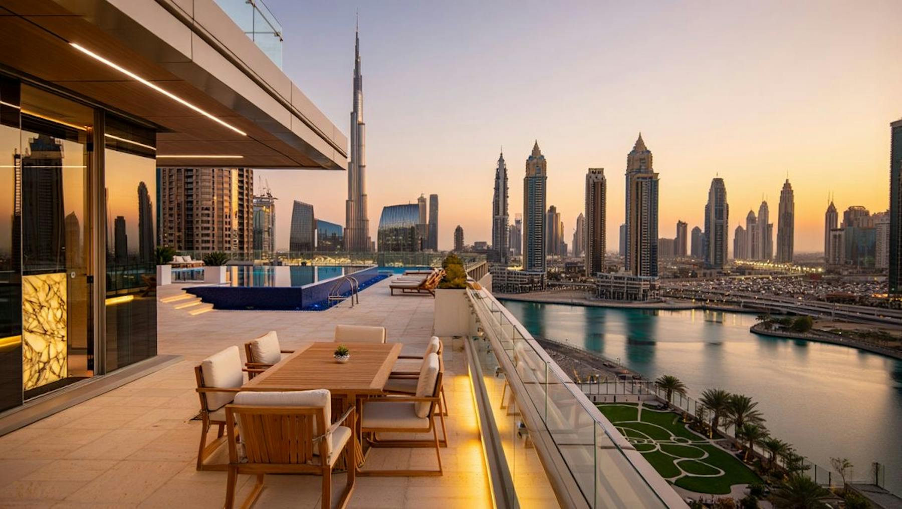 Dubai waterfront luxury penthouse terrace with skyline views Luxury waterfront penthouse terrace in Dubai overlooking the skyline and Burj Khalifa at sunset