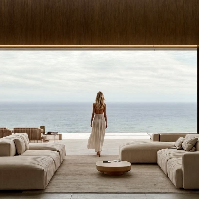 Minimalist terrace with panoramic coastal view in Greece