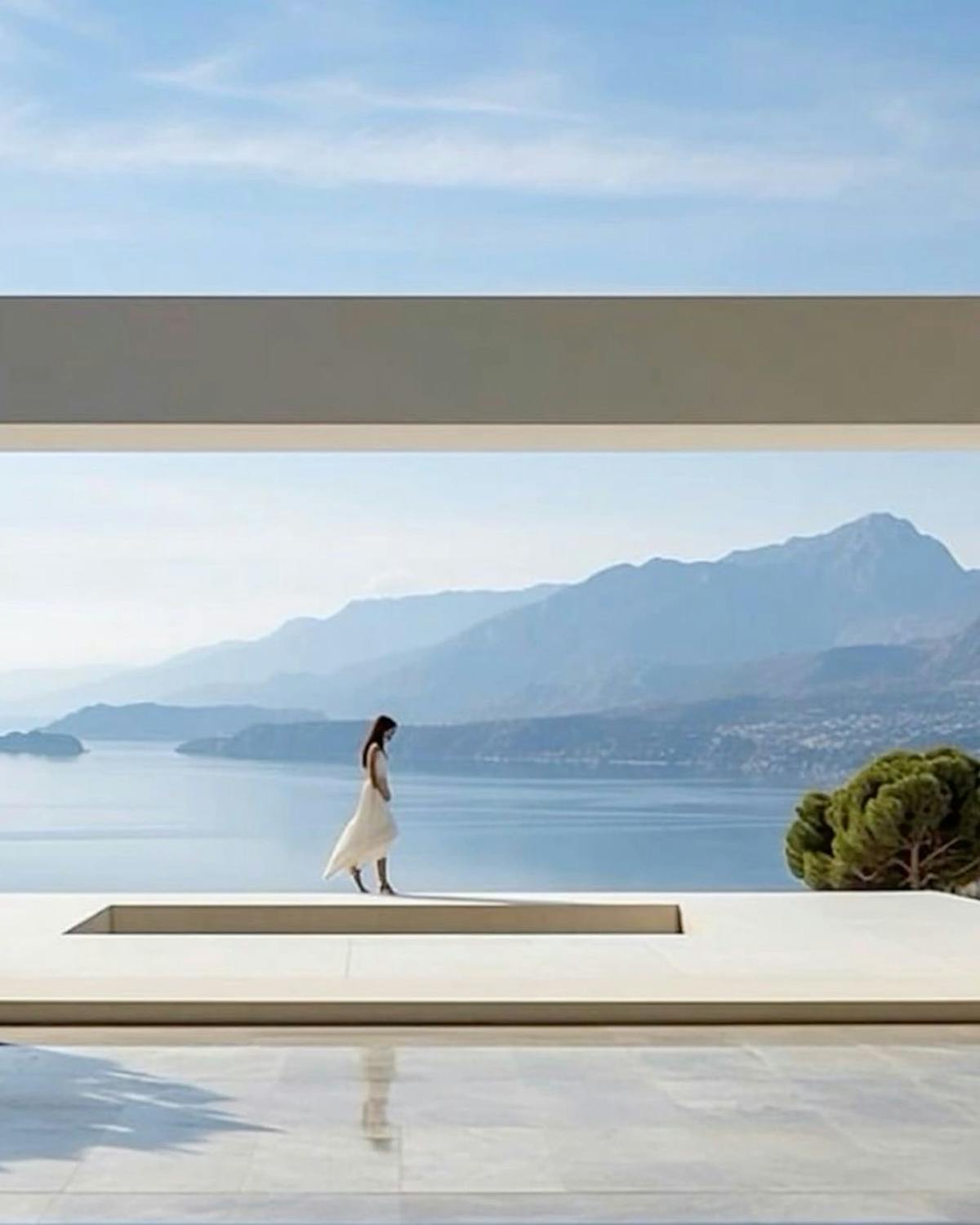 Luxury villa in Greece with open sea views from a contemporary lounge Contemporary living room with sea view in a luxury Greek villa