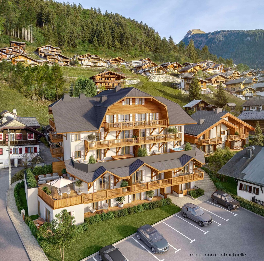 Exterior view of a luxury new development in France with premium alpine architecture for Beauregard in Morzine, France