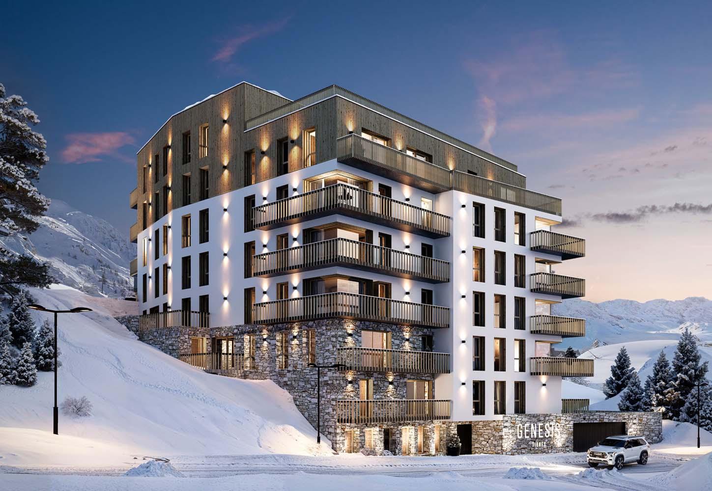Exterior view of a luxury new development in France with premium alpine architecture for Genesis Diya in Tignes, France