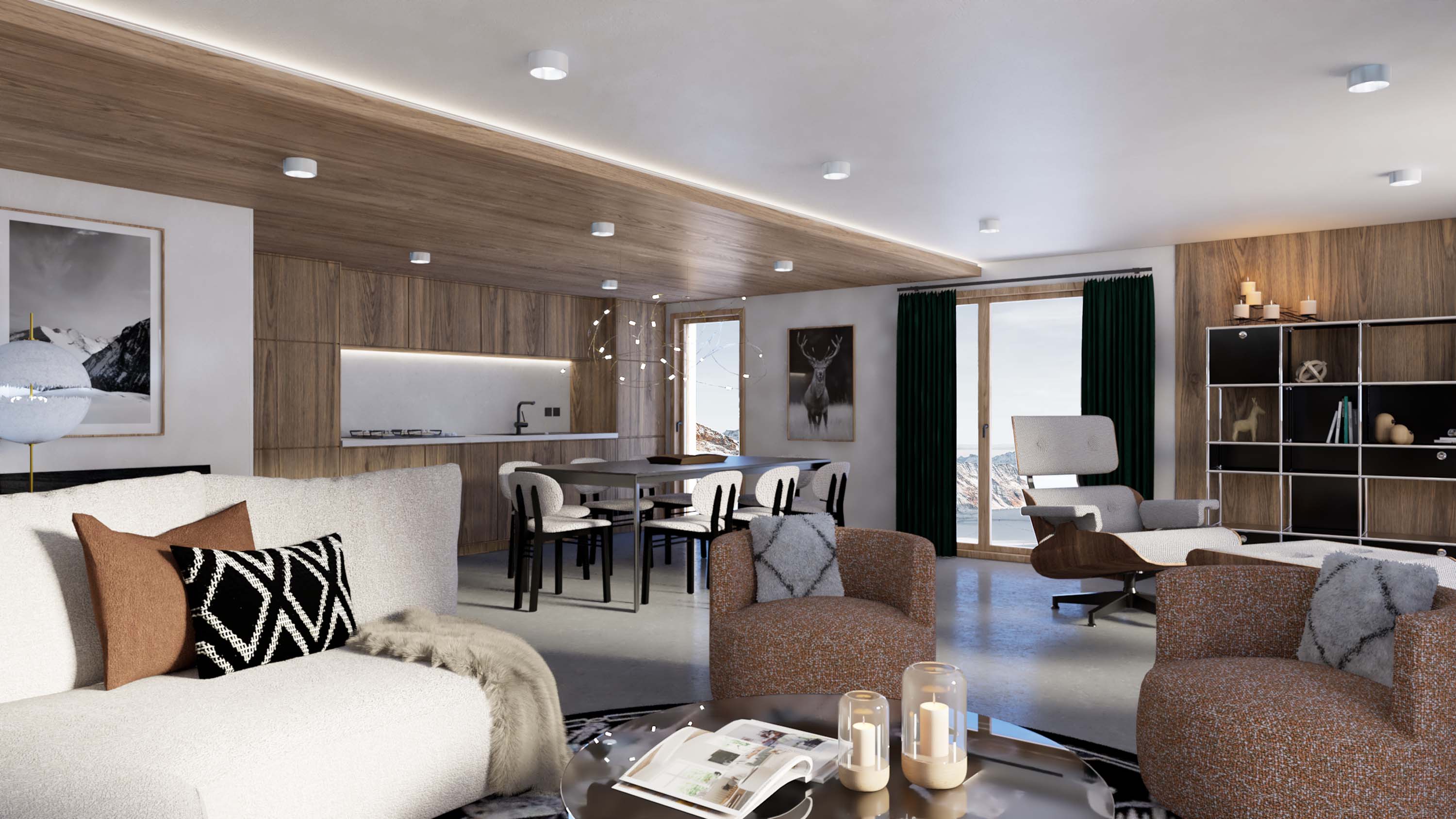 Espace repas de chalet de luxe avec finitions premium et ambiance alpine chaleureuse pour L'Écrin du Diamant a Crest-Voland, France